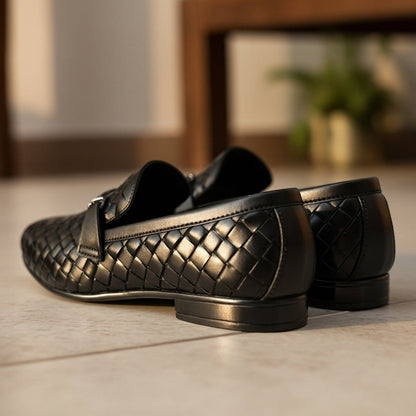 Woven Black Leather Loafer | Premium Quality | All Season Shoe